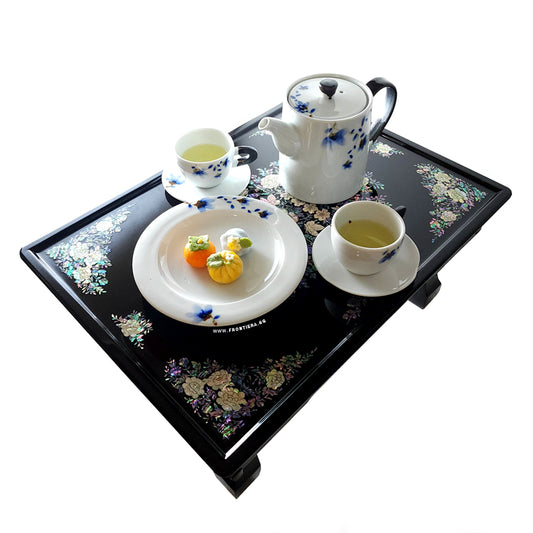 Mother-of-Pearl Inlaid Korean Lacquer Wooden Coffee Table with Foldable feet 460mm [Black] 𝟏𝟓% 𝐎𝐅𝐅