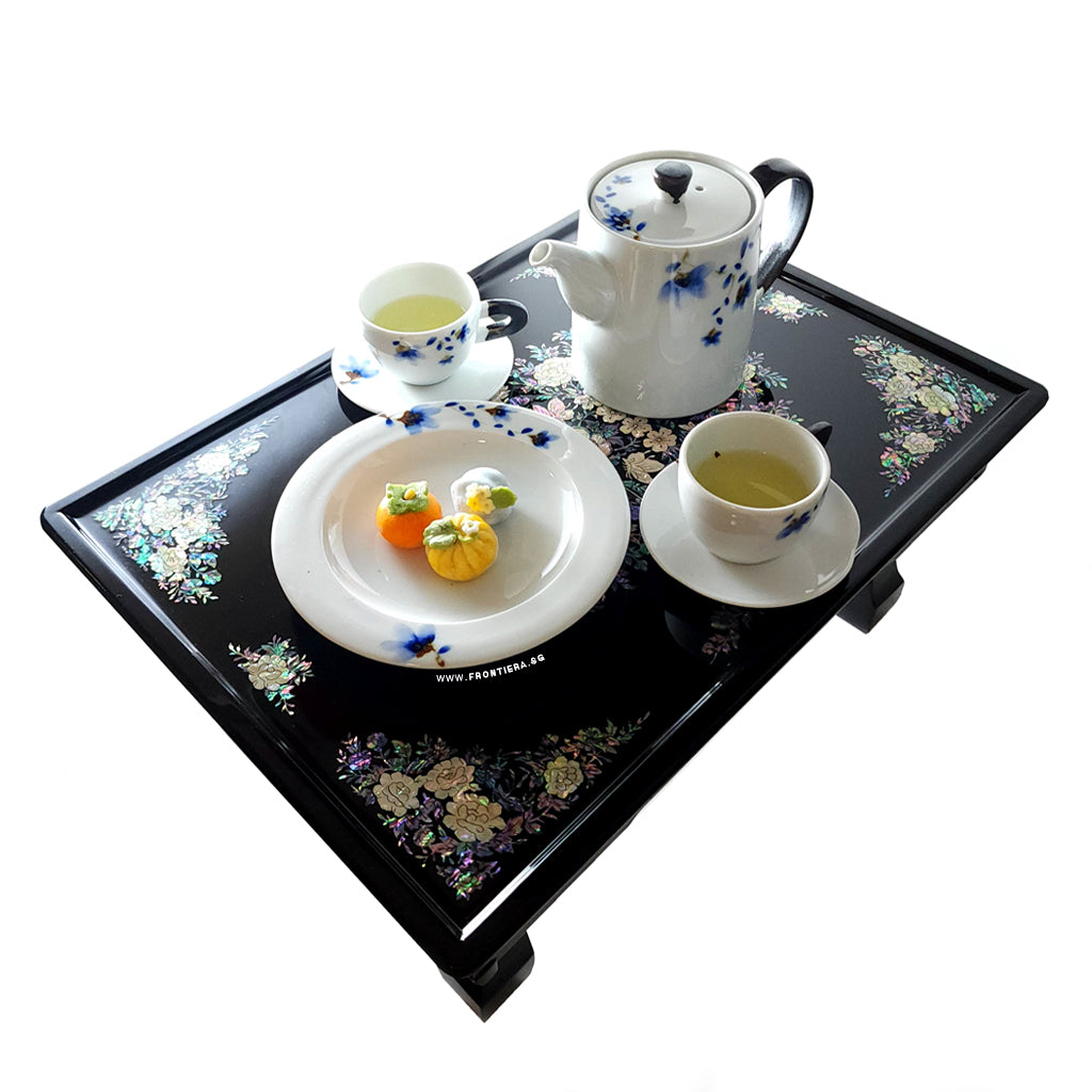 Mother-of-Pearl Inlaid Korean Lacquer Wooden Coffee Table with Foldable feet 460mm [Blue] 𝟏𝟎% 𝐎𝐅𝐅