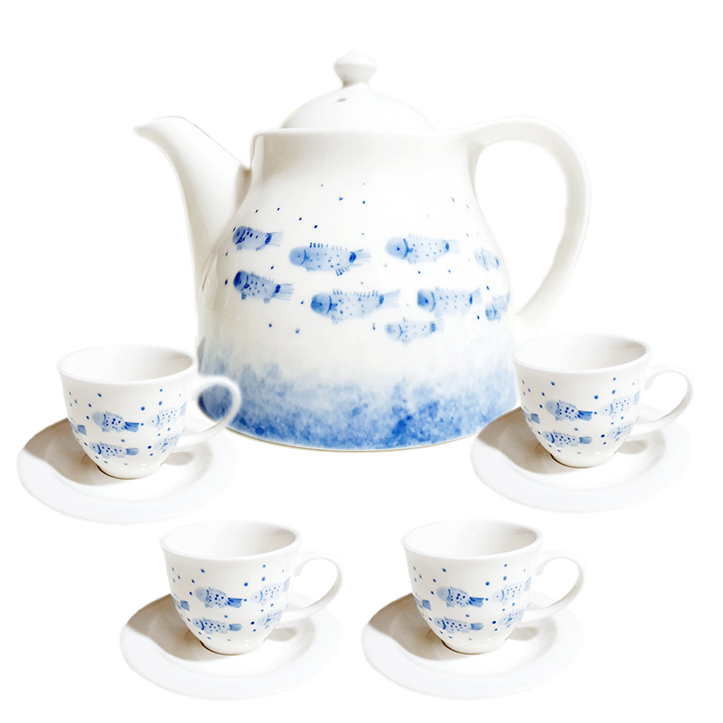 Bubble Fish Teapot with 4 Tea Cup and Saucer Set