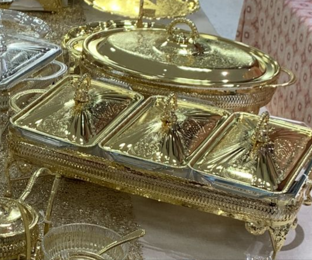 Goldplated Triple oblong Casserole warmers with lid