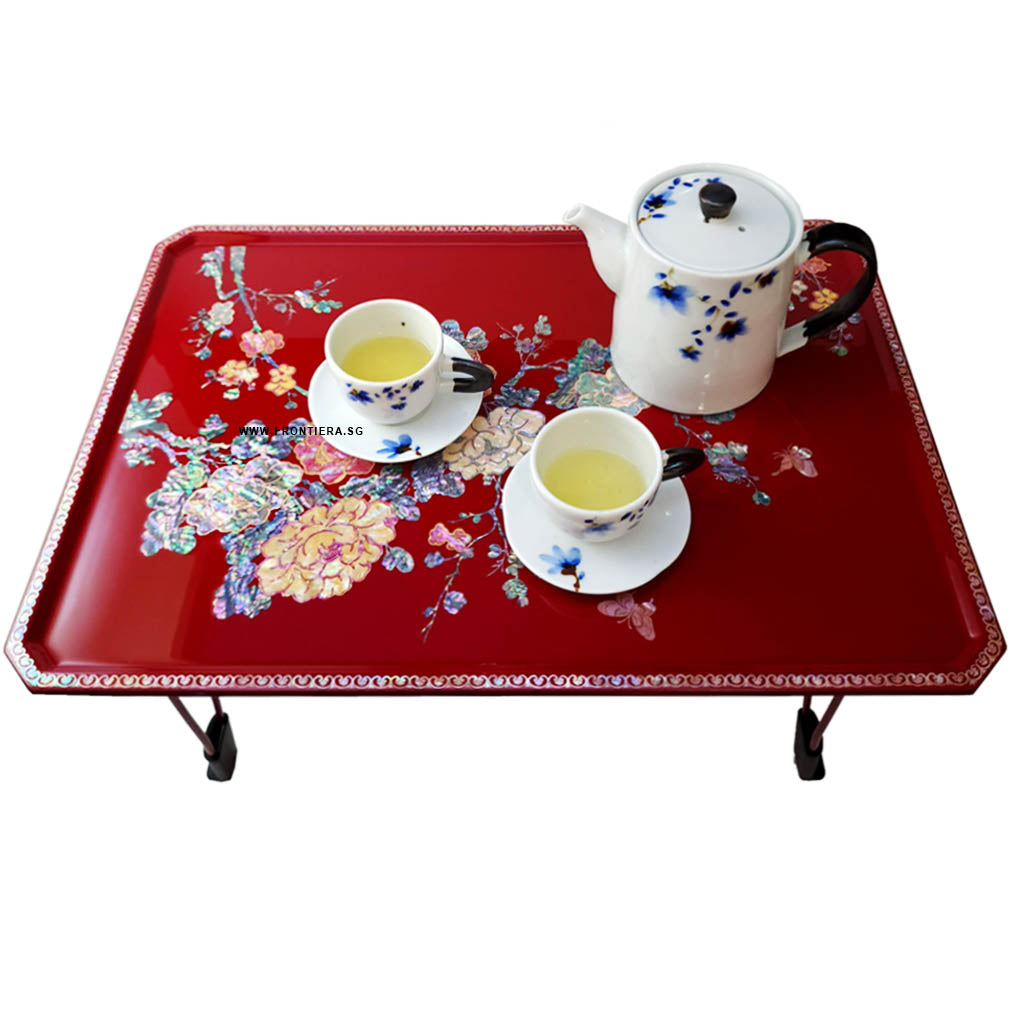 Mother-of-Pearl Inlaid Korean Lacquer Wooden Coffee Table with Foldable feet 500mm [Red] 𝟏𝟑% 𝐎𝐅𝐅