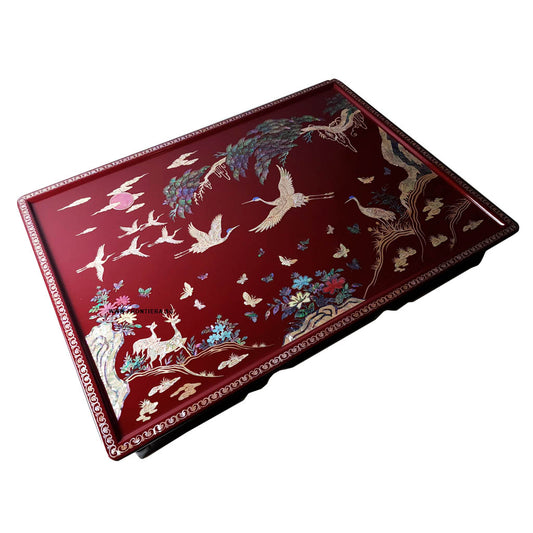 Mother-of-Pearl Inlaid Korean Lacquer Wooden Coffee Table with Foldable feet 460mm [Red] 𝟏𝟎% 𝐎𝐅𝐅