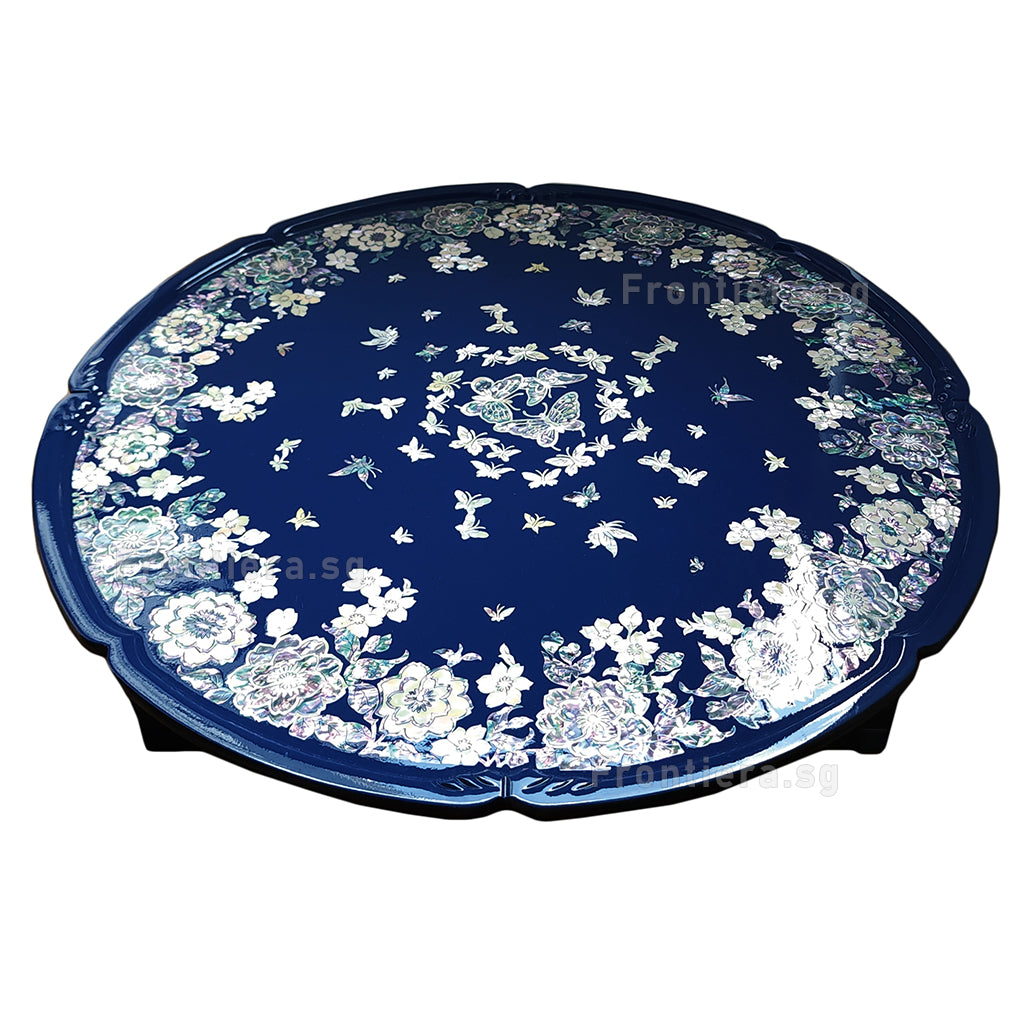 Mother-of-Pearl Inlaid Korean Lacquer Wooden Coffee Table with Foldable feet 455mm [Blue] 𝟱% 𝗢𝗙𝗙