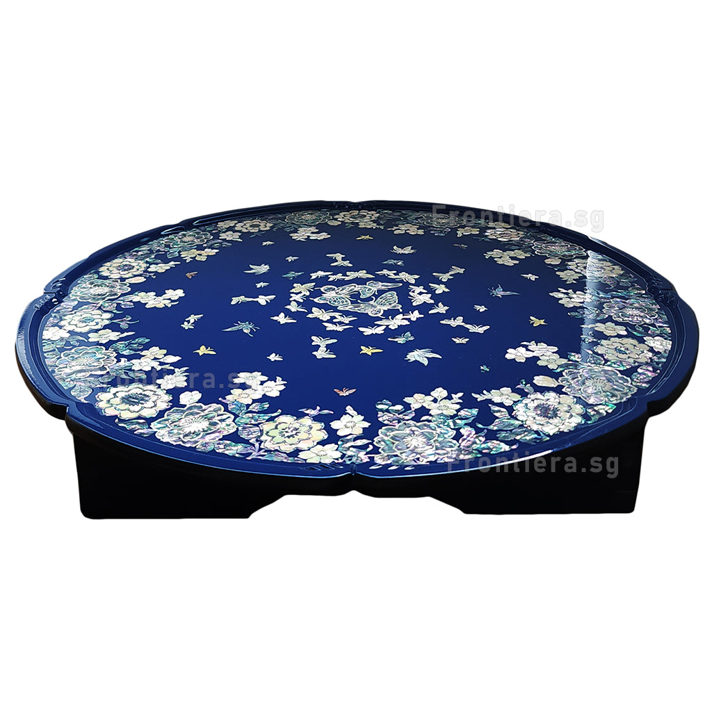 Mother-of-Pearl Inlaid Korean Lacquer Wooden Coffee Table with Foldable feet 455mm [Blue] 𝟱% 𝗢𝗙𝗙