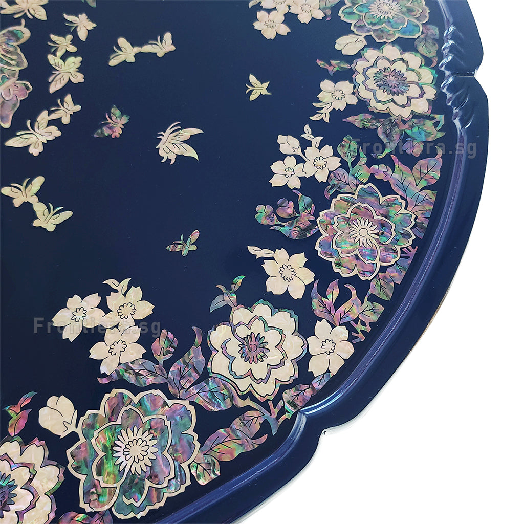 Mother-of-Pearl Inlaid Korean Lacquer Wooden Coffee Table with Foldable feet 455mm [Blue] 𝟱% 𝗢𝗙𝗙