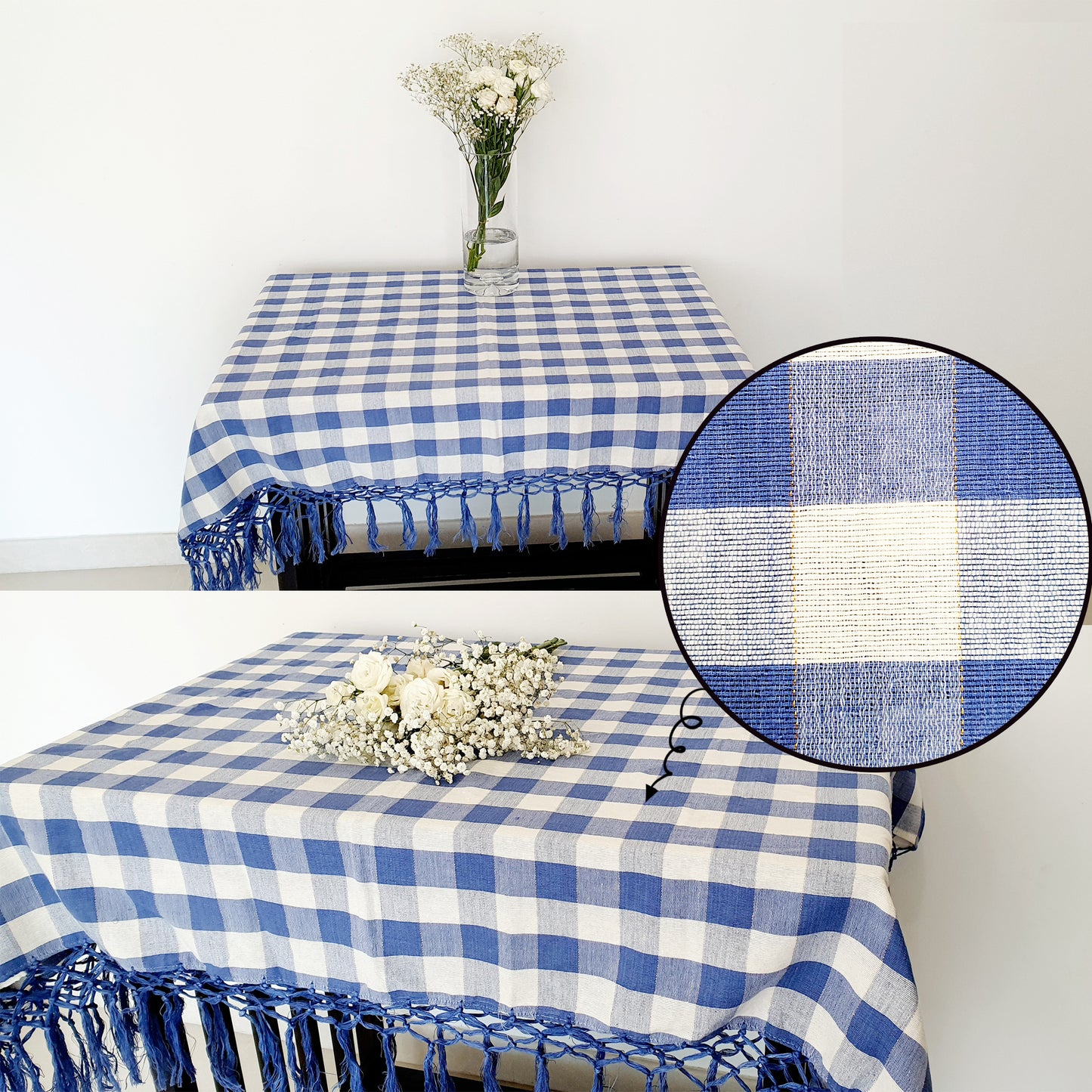 Linen Blue Checkered Tassel Tablecloth (150/180cm X 150cm)