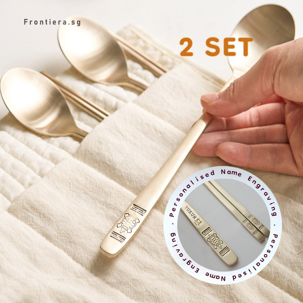 Bangjja Yugi Turtle Korean Spoon & Chopstick 2-Person Set + Custom Engraving Optional