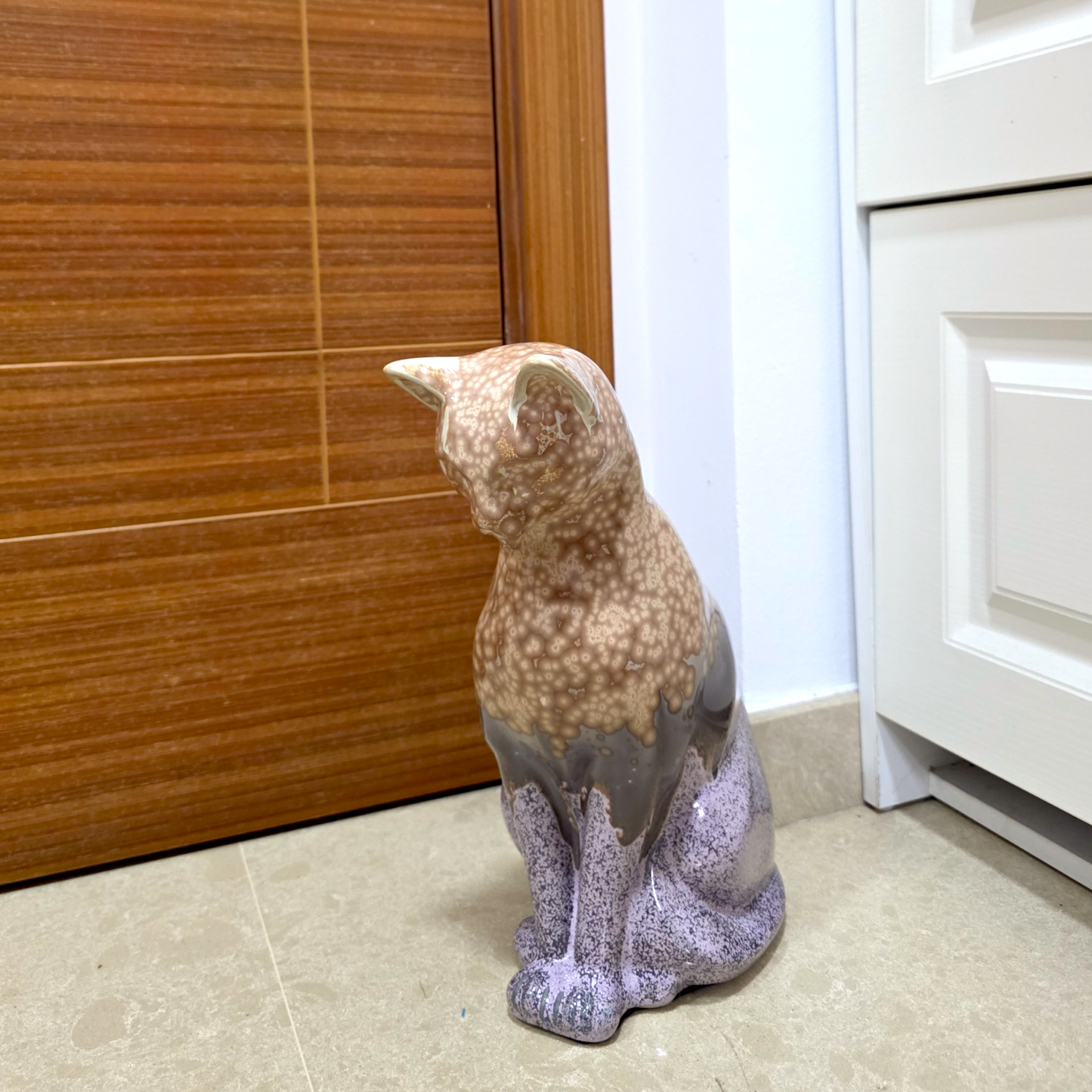 Handmade Porcelain Cat Figurine (Amber Speckled with Lavender Accent Glaze)