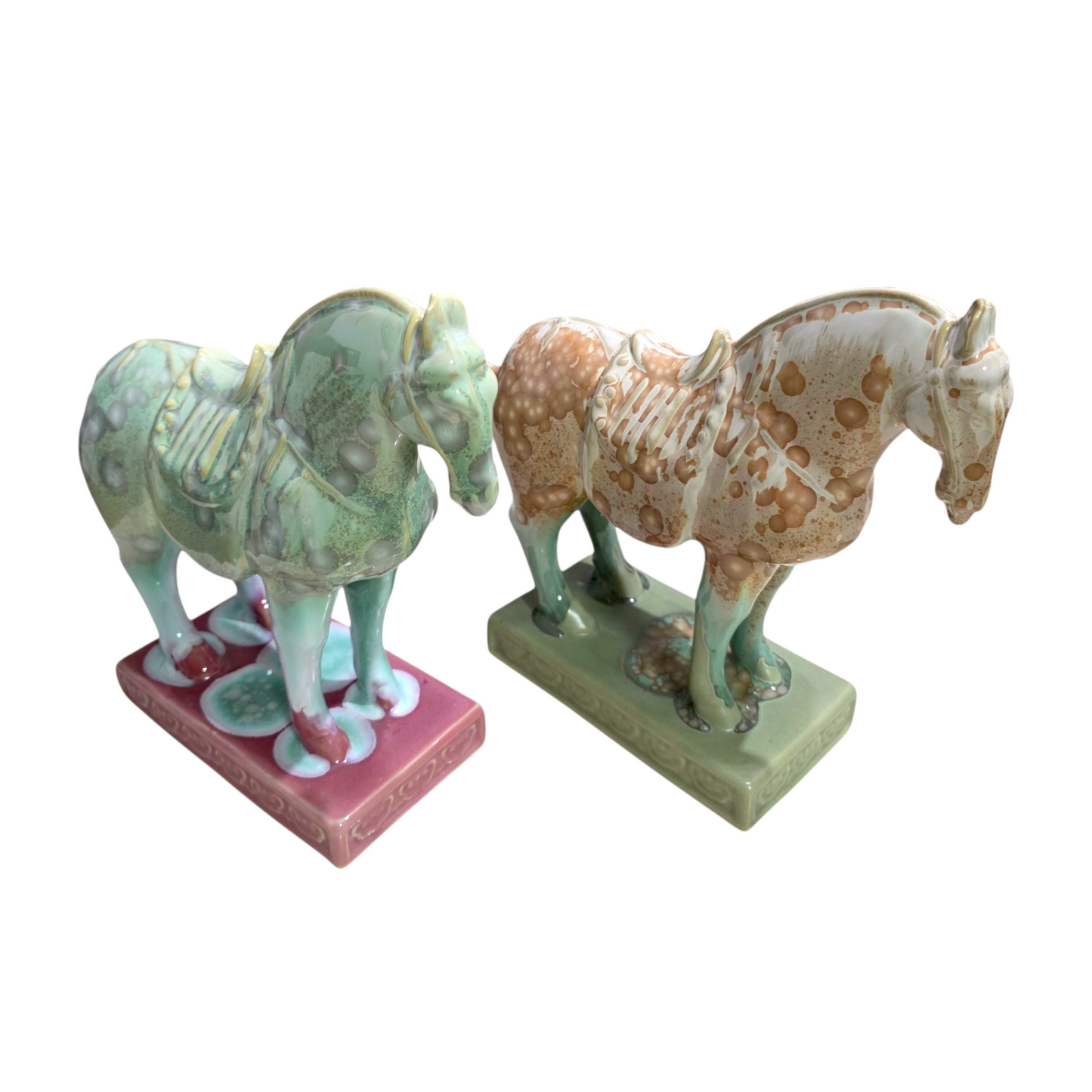 Handmade Porcelain Royal Horse Figurine (Amber Beige & Sage Green Crystalline Glaze)