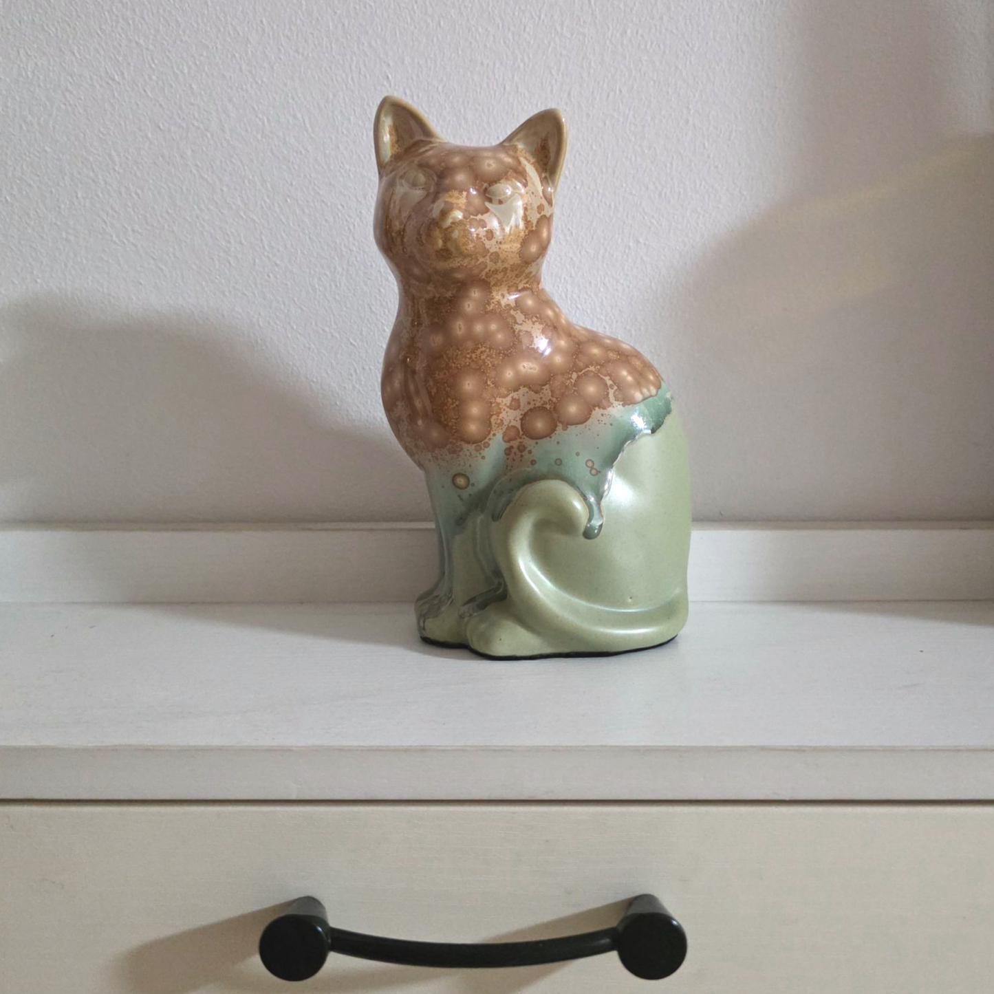 Handmade Porcelain Little Cat Figurine (Amber Speckled with Sage Green Glaze)
