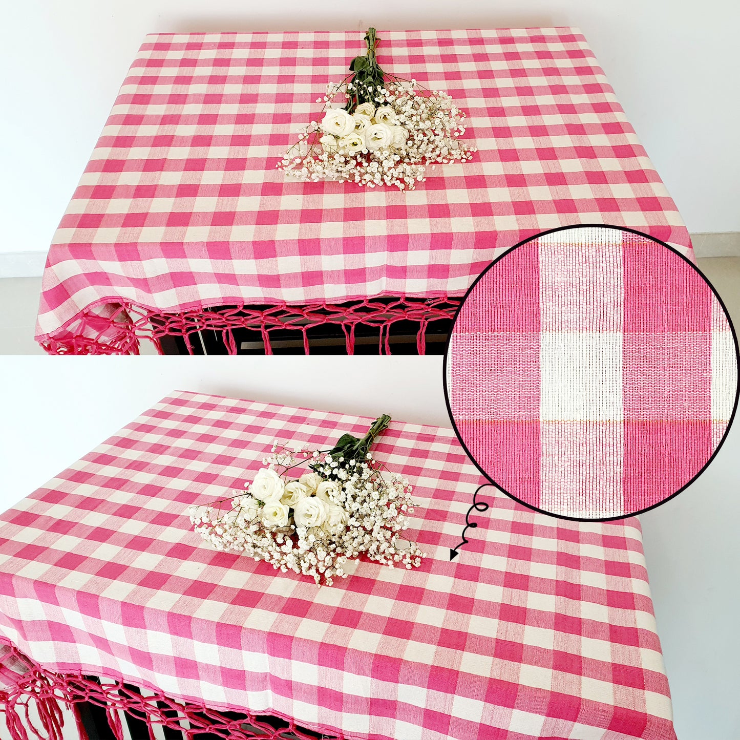 Linen Pink Checkered Tassel Tablecloth (150/180cm X 150cm)