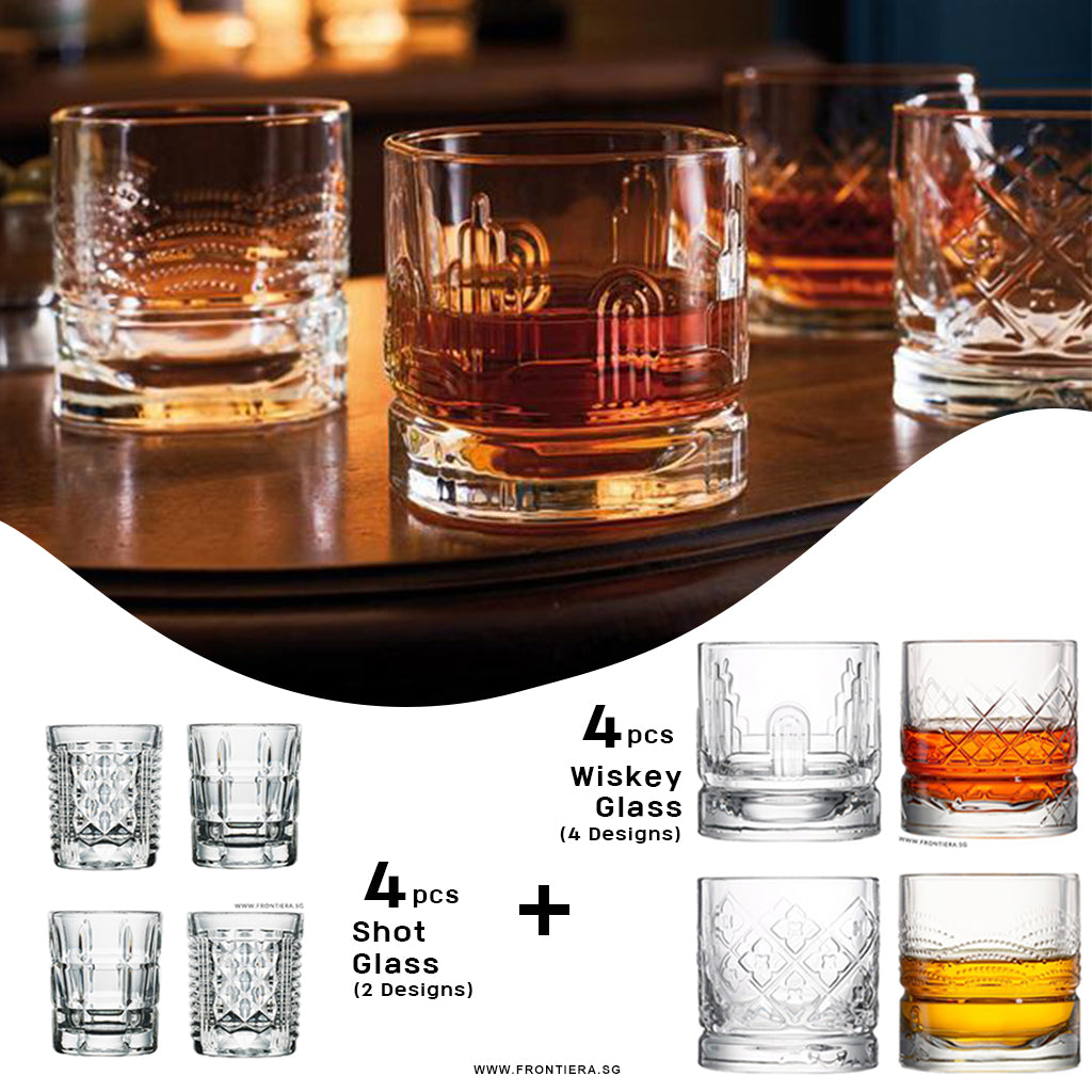 Assorted Design, Shot Glass & Whiskey Glass 8Pcs Set
