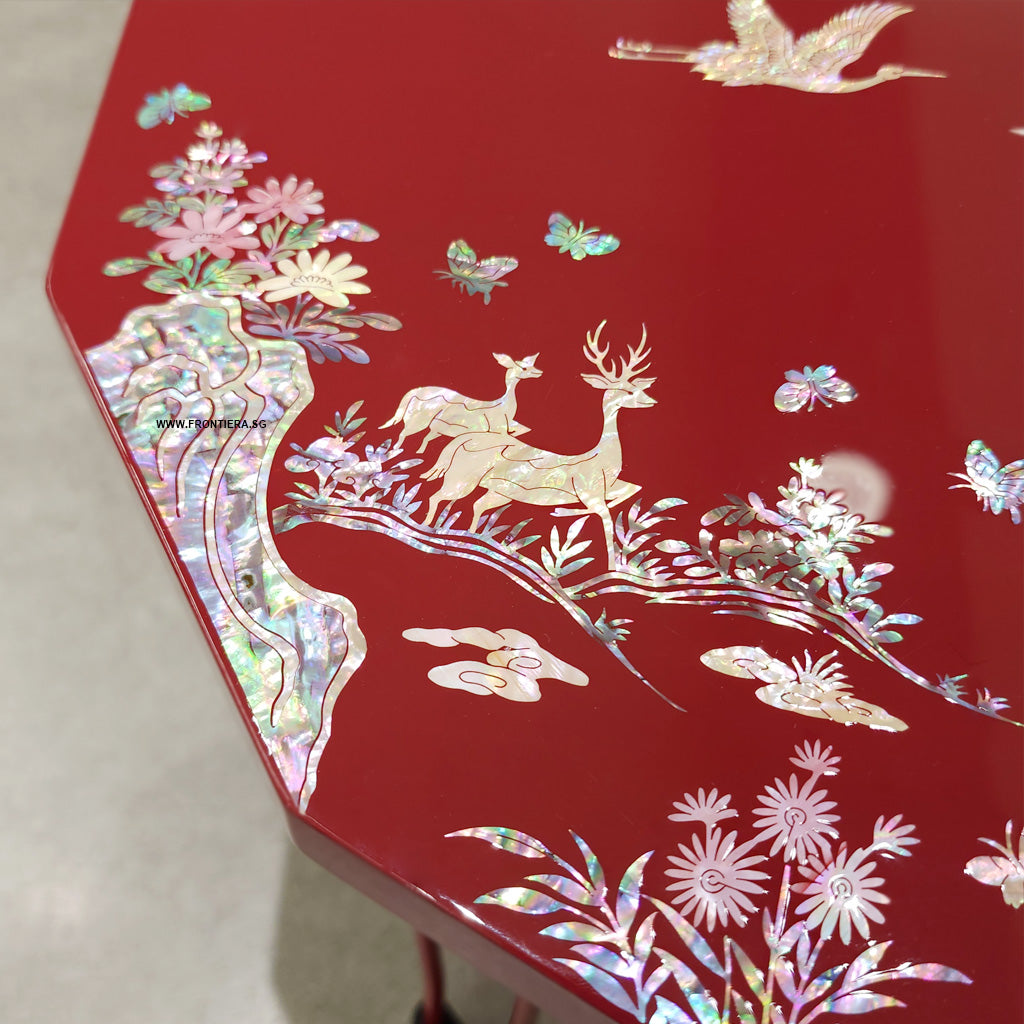 Mother-of-Pearl Inlaid Korean Lacquer Wooden Coffee Table with Foldable feet 400mm [Red]