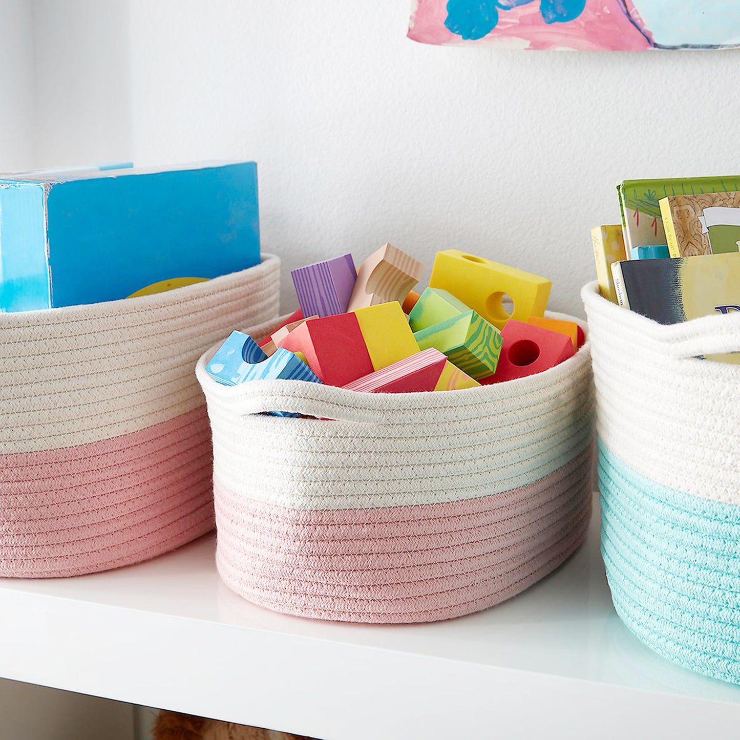 Blush Cotton Rope Storage Basket with Handles (L)