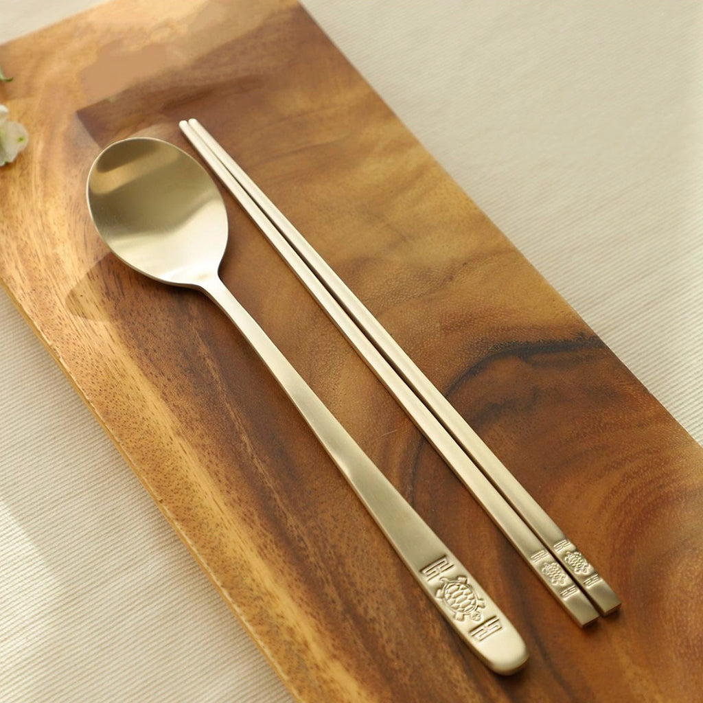 Bangjja Yugi Turtle Korean Spoon & Chopstick 2-Person Set + Custom Engraving Optional