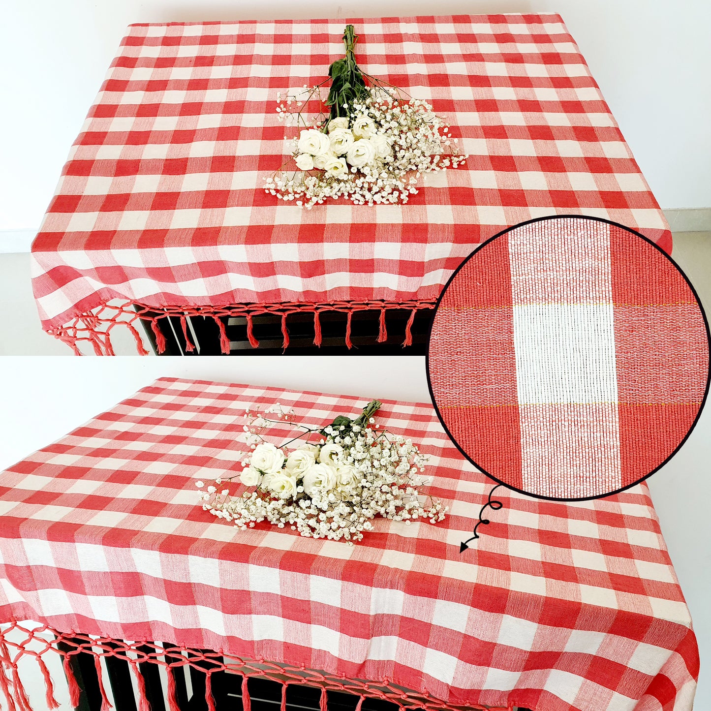 Linen Red Checkered Tassel Tablecloth (150cm x 150cm)