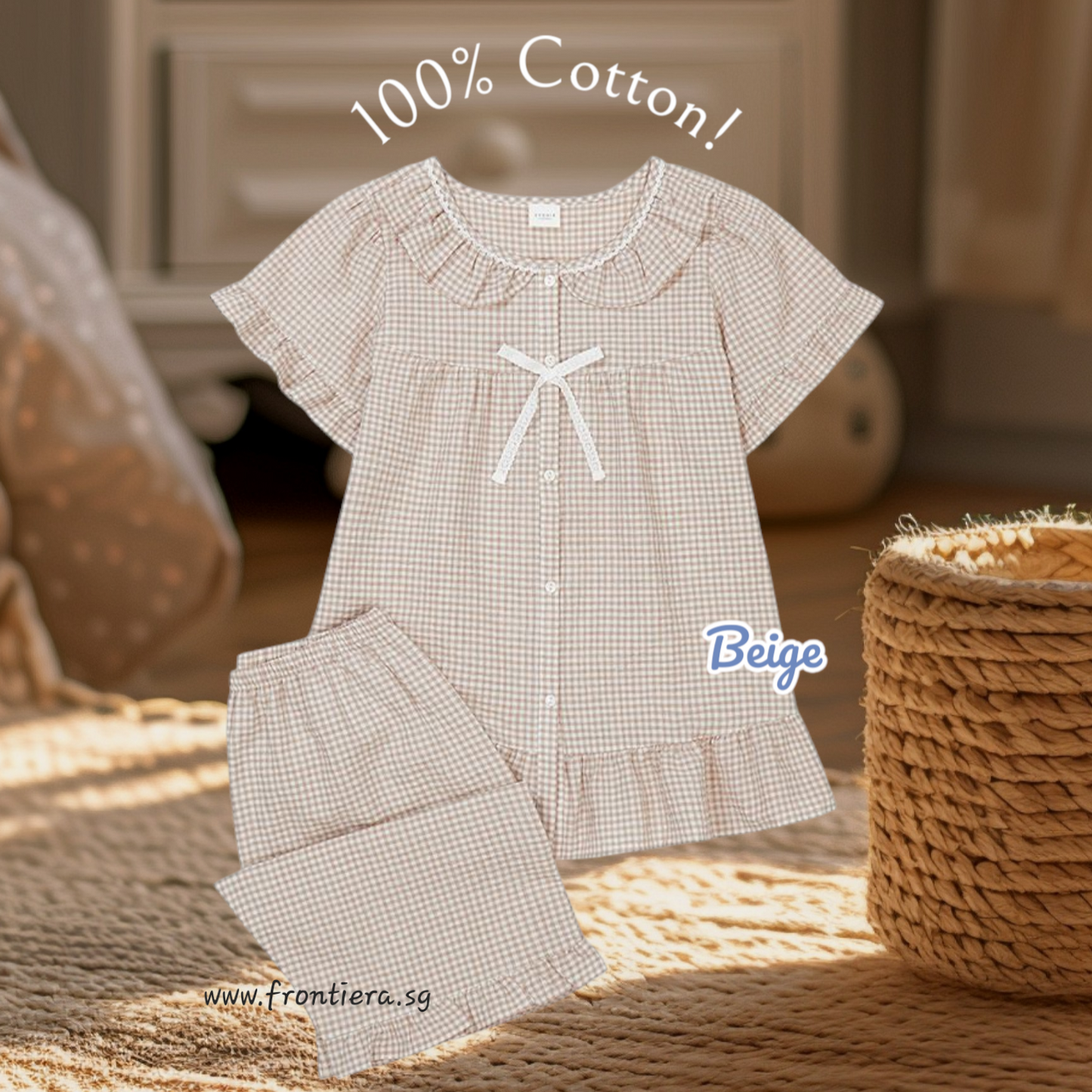 Women Plaid Sleepwear 2P Set [Beige]