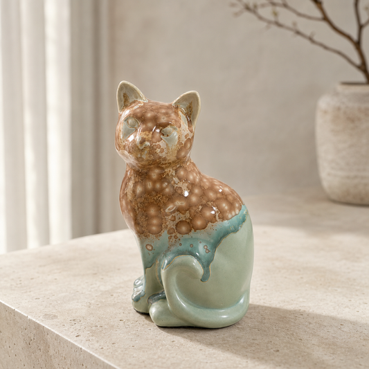 Handmade Porcelain Little Cat Figurine (Amber Speckled with Sage Green Glaze)
