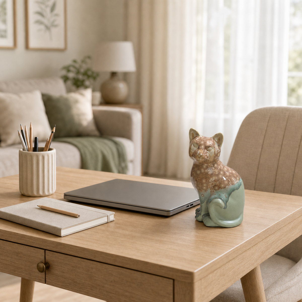 Handmade Porcelain Little Cat Figurine (Amber Speckled with Sage Green Glaze)