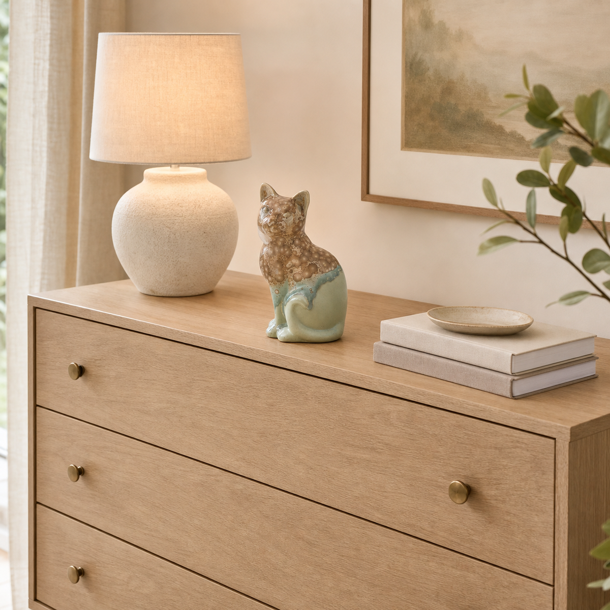 Handmade Porcelain Little Cat Figurine (Amber Speckled with Sage Green Glaze)