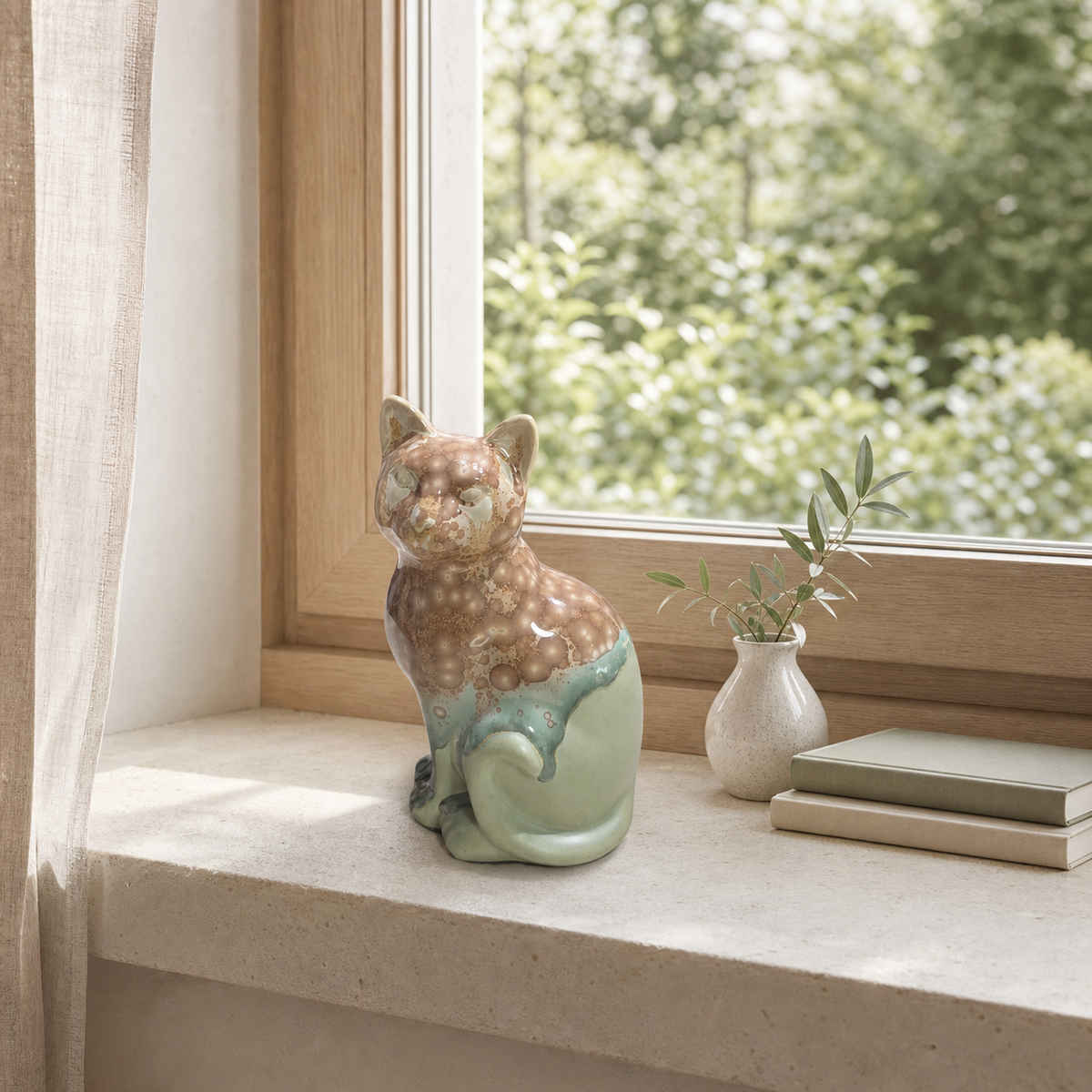 Handmade Porcelain Little Cat Figurine (Amber Speckled with Sage Green Glaze)