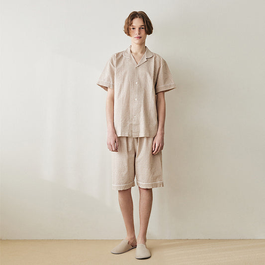 Men Plaid Sleepwear 2P Set [Beige]