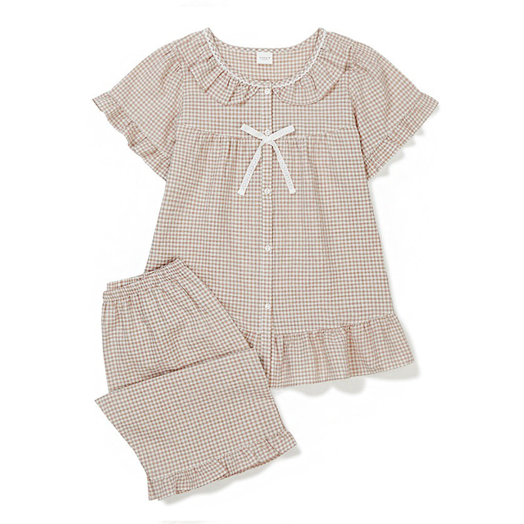 Women Plaid Sleepwear 2P Set [Beige]