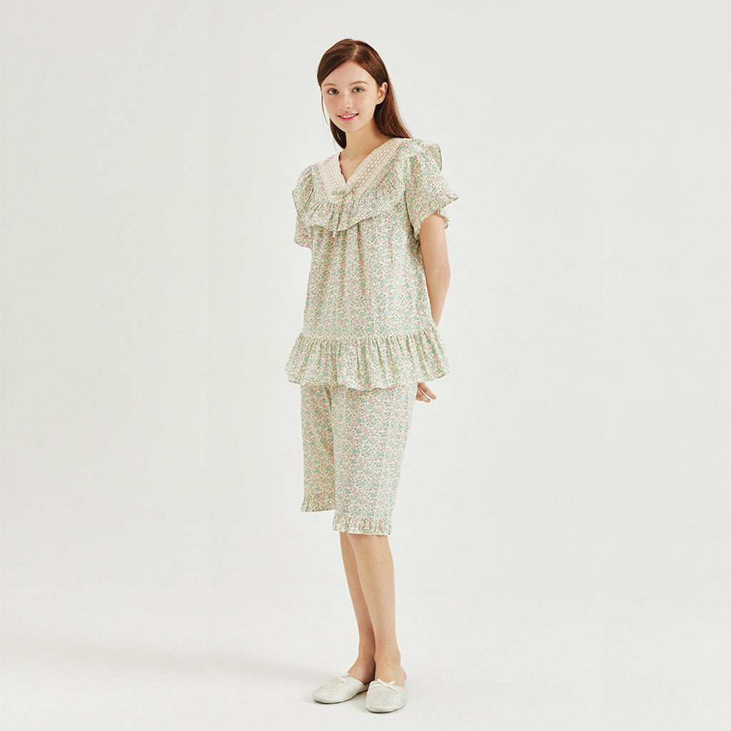 Cotton Floral Lace Pajama 2P Set [Cream]