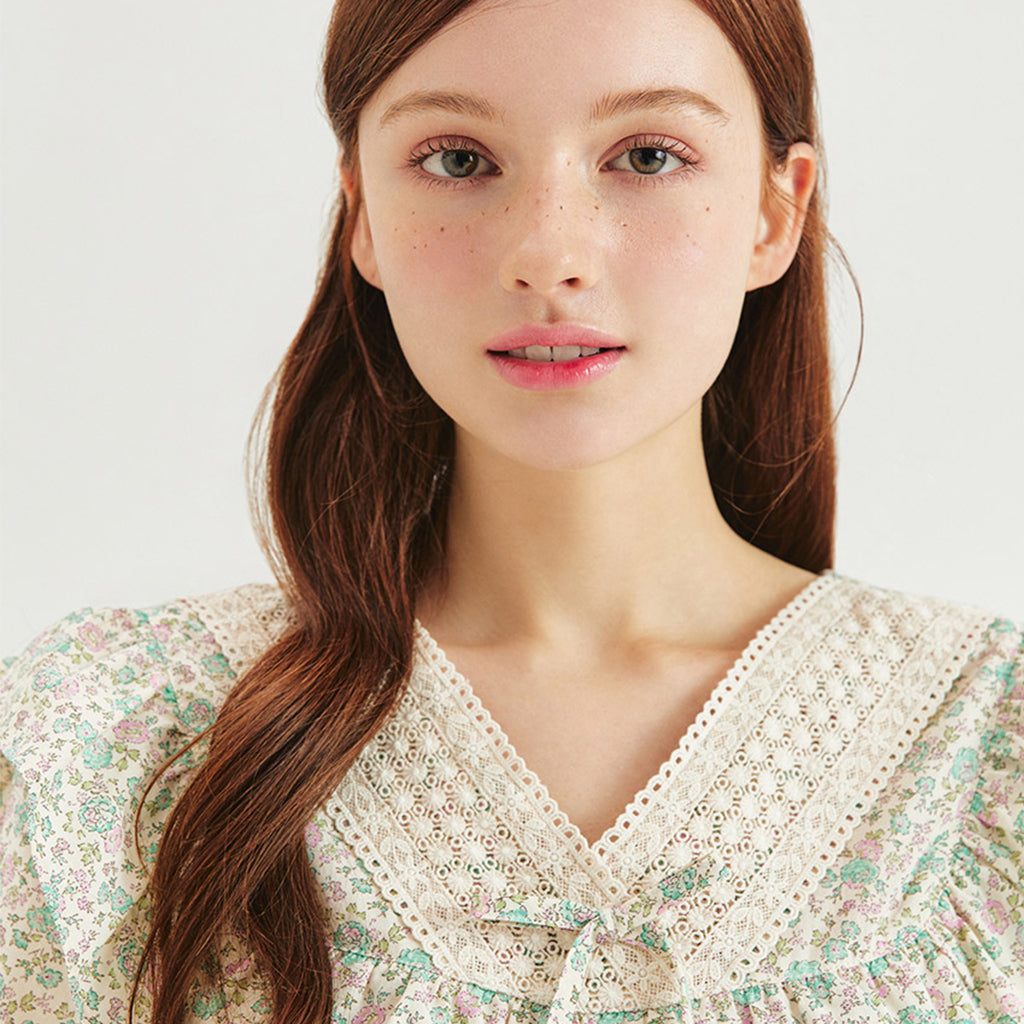 Cotton Floral Lace Pajama 2P Set [Cream]