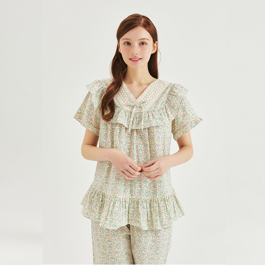 100% Cotton Floral Lace Pajama 2P Set [Cream]