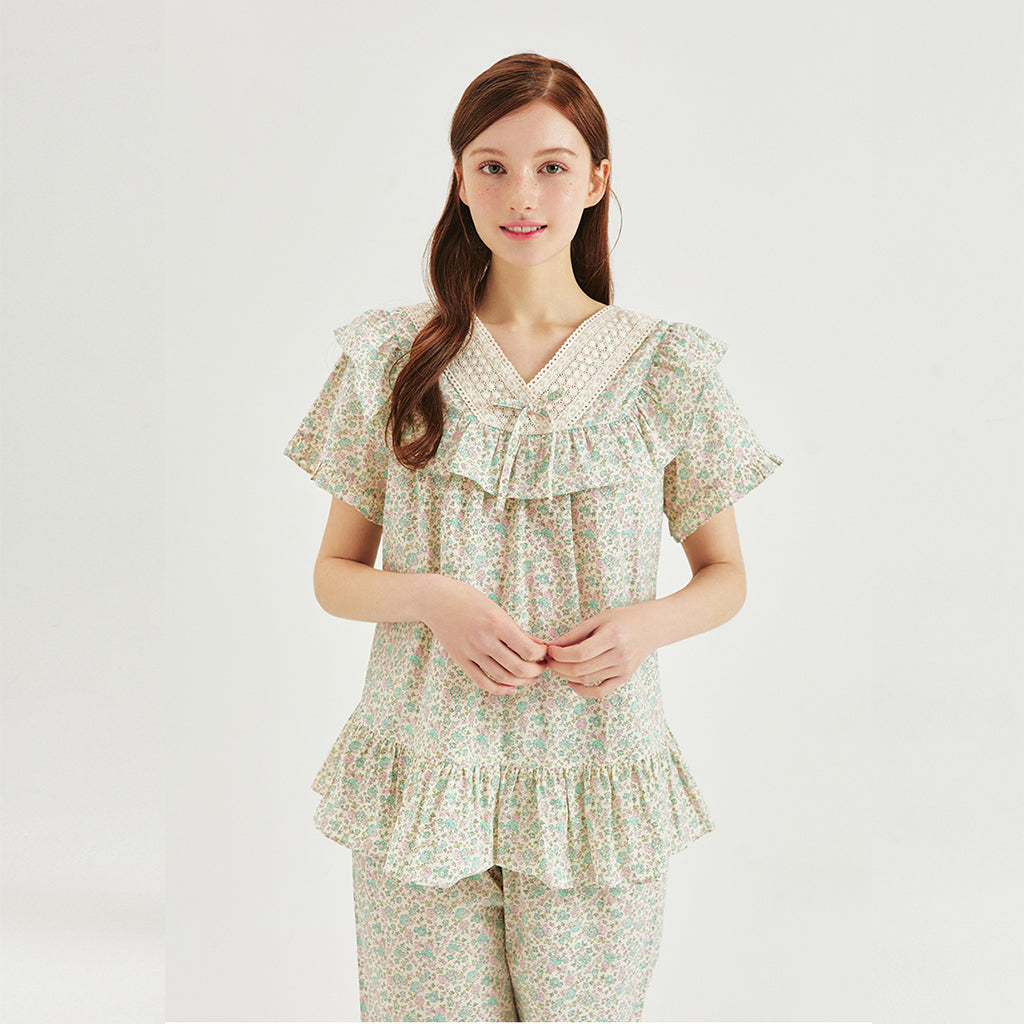 Cotton Floral Lace Pajama 2P Set [Cream]