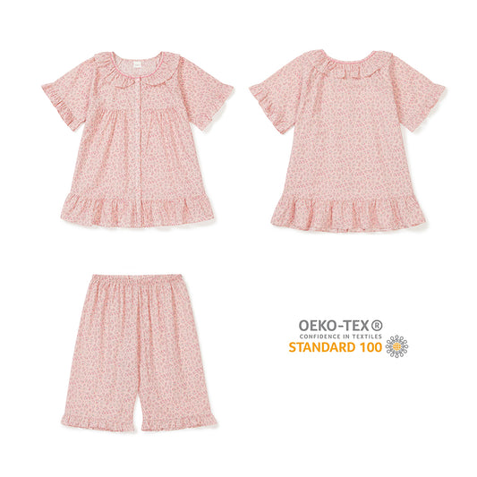 100% Cotton Floral Lace Pajama 2P Set [Pink]