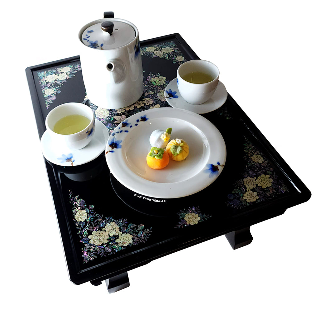 Mother-of-Pearl Inlaid Korean Lacquer Wooden Coffee Table with Foldable feet [Black] 𝟭𝟱% 𝗢𝗙𝗙