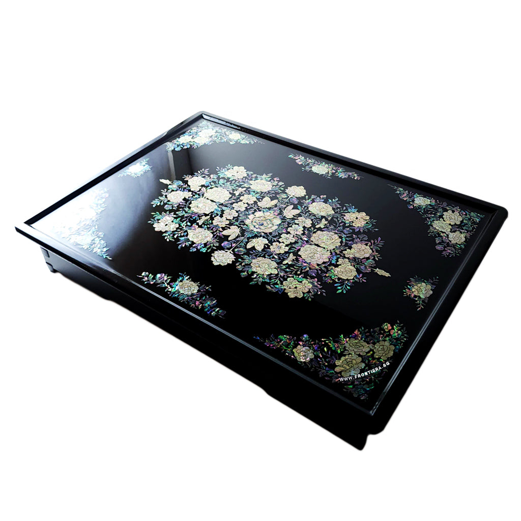 Mother-of-Pearl Inlaid Korean Lacquer Wooden Coffee Table with Foldable feet [Black] 𝟭𝟱% 𝗢𝗙𝗙