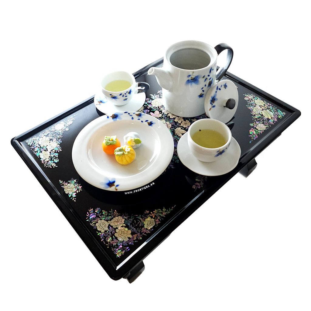 Mother-of-Pearl Inlaid Korean Lacquer Wooden Coffee Table with Foldable feet 460mm [Blue] 𝟏𝟓% 𝐎𝐅𝐅