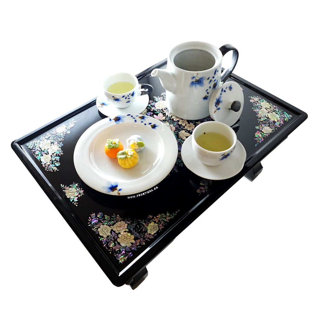 Mother-of-Pearl Inlaid Korean Lacquer Wooden Coffee Table with Foldable feet [Black] 𝟭𝟱% 𝗢𝗙𝗙