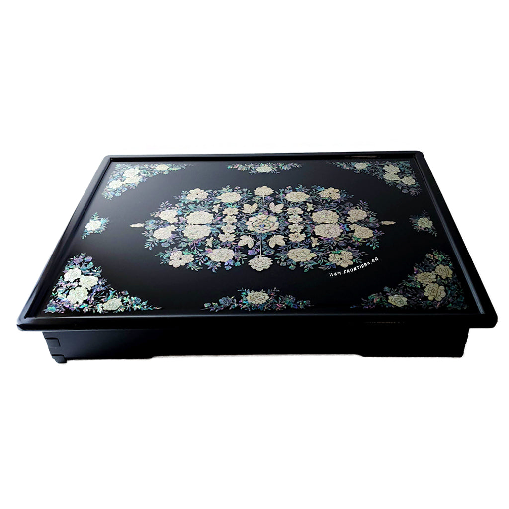 Mother-of-Pearl Inlaid Korean Lacquer Wooden Coffee Table with Foldable feet [Black] 𝟭𝟱% 𝗢𝗙𝗙