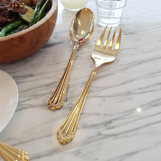 (𝗡𝗘𝗪) Classic Gothic Gold Serving Spoon & Fork Set [Real Gold]