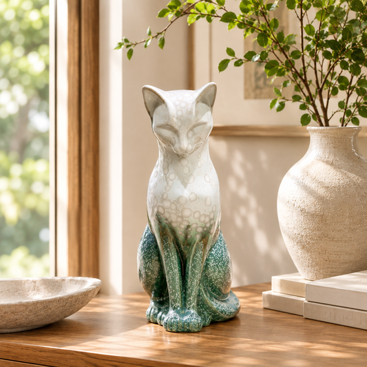 Handmade Porcelain Cat Figurine (Pale Ivory with Seafoam Green Crystalline Glaze)