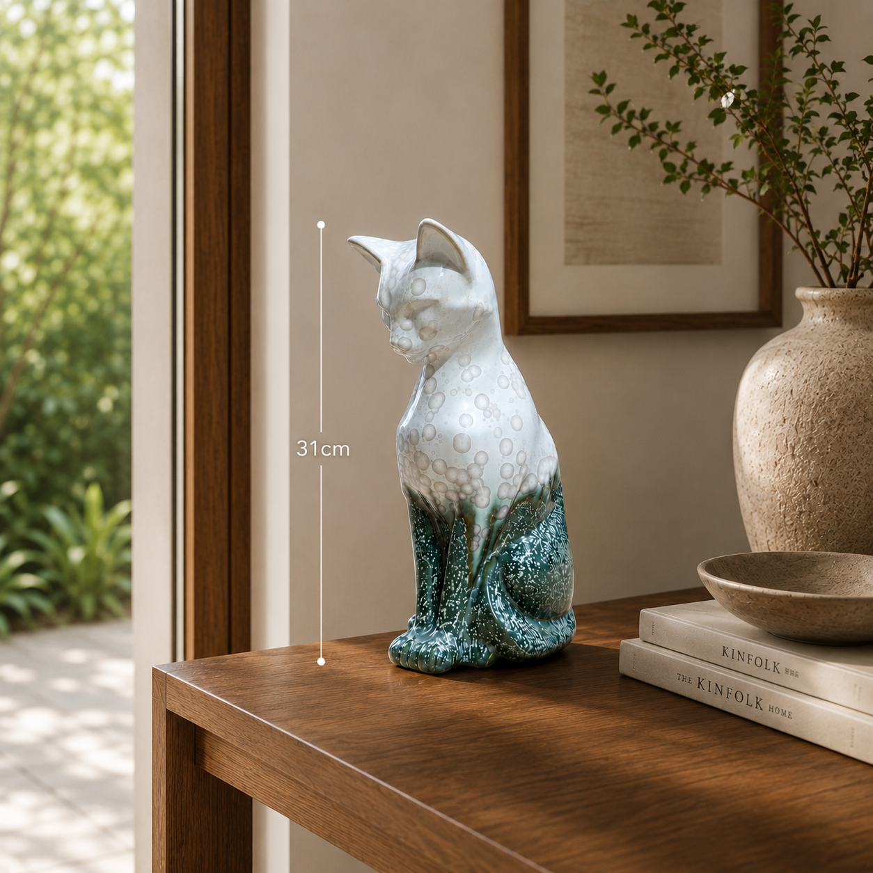 Handmade Porcelain Cat Figurine (Pale Ivory with Seafoam Green Crystalline Glaze)