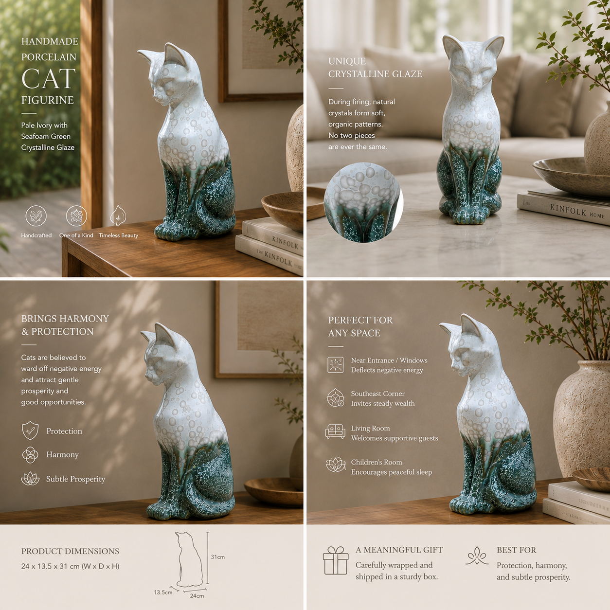 Handmade Porcelain Cat Figurine (Pale Ivory with Seafoam Green Crystalline Glaze)