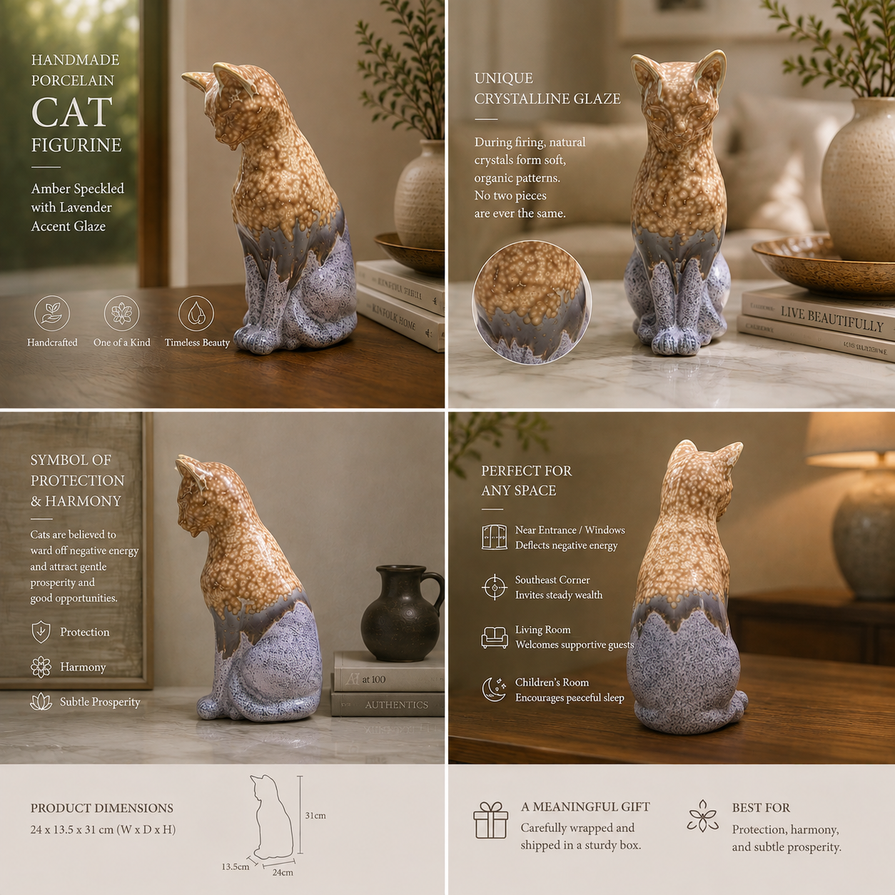 Handmade Porcelain Cat Figurine (Amber Speckled with Lavender Accent Glaze)