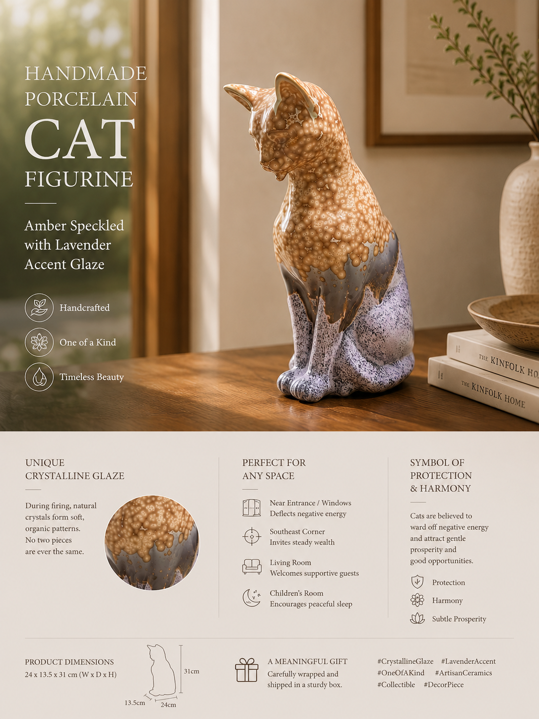 Handmade Porcelain Cat Figurine (Amber Speckled with Lavender Accent Glaze)