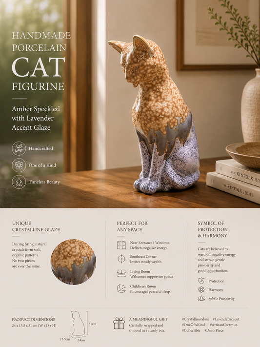 Handmade Porcelain Cat Figurine (Amber Speckled with Lavender Accent Glaze)