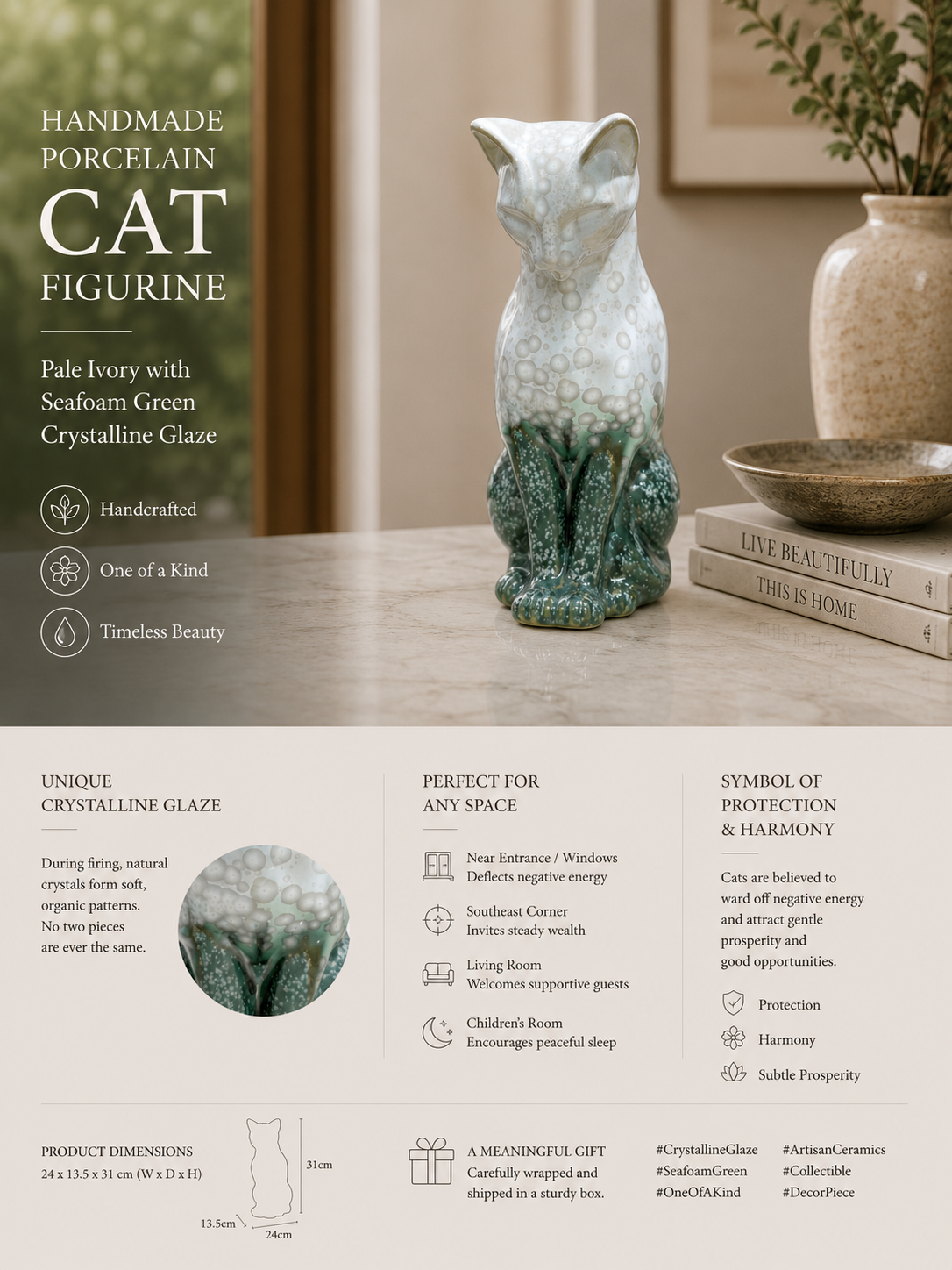 Handmade Porcelain Cat Figurine (Pale Ivory with Seafoam Green Crystalline Glaze)