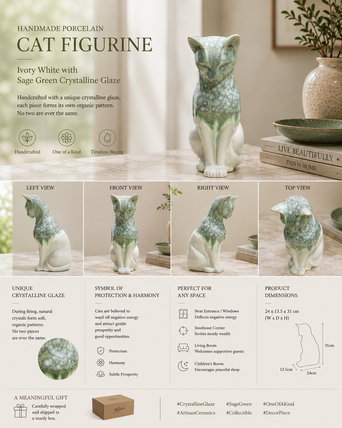 Handmade Porcelain Cat Figurine (Ivory White with Sage Green Crystalline Glaze)