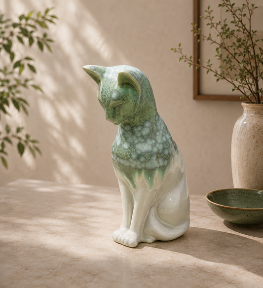 Handmade Porcelain Cat Figurine (Ivory White with Sage Green Crystalline Glaze)