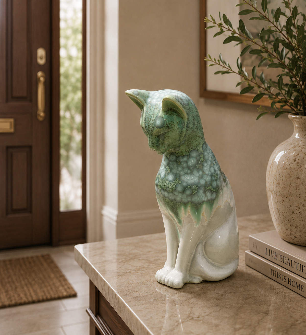 Handmade Porcelain Cat Figurine (Ivory White with Sage Green Crystalline Glaze)