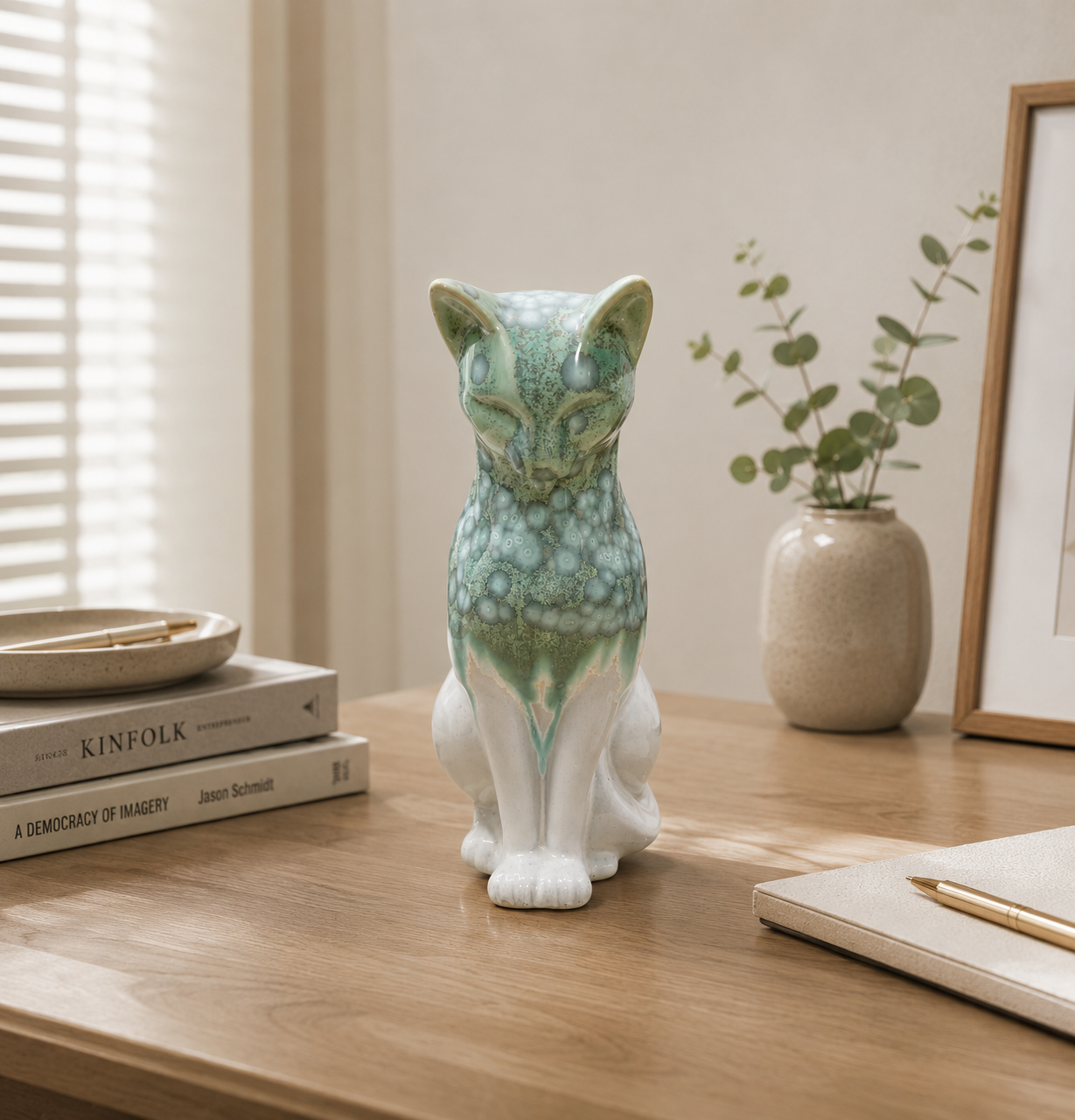 Handmade Porcelain Cat Figurine (Ivory White with Sage Green Crystalline Glaze)