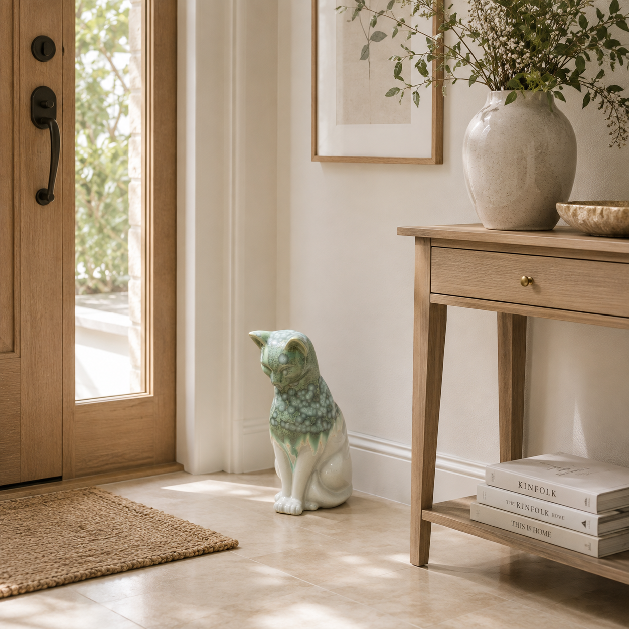 Handmade Porcelain Cat Figurine (Ivory White with Sage Green Crystalline Glaze)